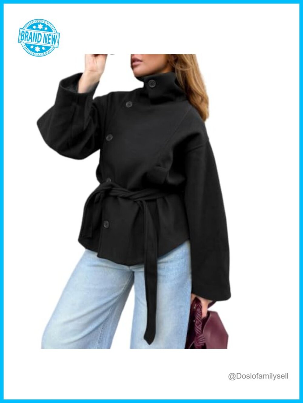 Cropped Pea Coat Women Funnel Neck Button Down Belted Polyester Peacoat